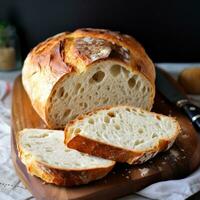 AI generated The crust of freshly baked bread is golden and crispy, while the inside is soft and fluffy photo