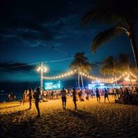 ai generado un grupo de personas jugando playa vóleibol debajo el luces, con el sonido de el ondas. foto