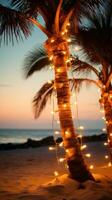 AI generated A palm tree on a beach, surrounded by a string of light bulb garlands photo