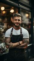 ai generado sonriente Barbero en pie en frente de su tienda foto