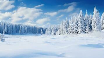 ai generado panorámico ver de un Nevado paisaje con cubierto de nieve arboles y un brillante azul cielo, foto