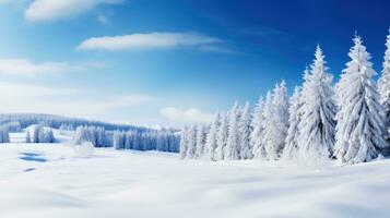 ai generado panorámico ver de un Nevado paisaje con cubierto de nieve arboles y un brillante azul cielo, foto