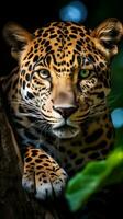 AI generated A majestic jaguar perched on a tree branch, staring into the distance with its piercing green eyes photo