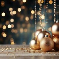 AI generated A minimalist yet festive background with gold ornaments and a blurred bokeh effect photo