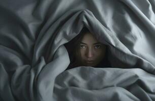 ai generado un persona ocultación debajo un mantas en un cama foto