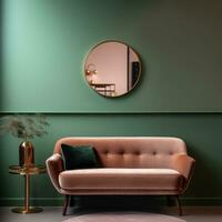 AI generated a brown and green sofa, velvet chair and small mirror, photo