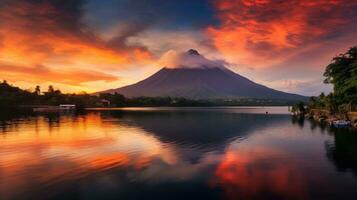 ai generado comienzo tu día con un impresionante amanecer terminado un majestuoso volcán foto