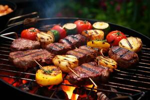 ai generado A la parrilla carne con vegetales en parilla parrilla. superficial dof, barbacoa con parrilla y interrogatorio intenso carne con parilla interrogatorio intenso al aire libre, ai generado foto