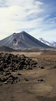 AI generated otherworldly beauty of a volcanic landscape, with its barren terrain and jagged peaks photo