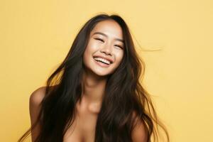 AI generated Beautiful young asian woman with clean fresh skin on yellow background, beautiful asianwoman with long hair smiling on bright background, AI Generated photo