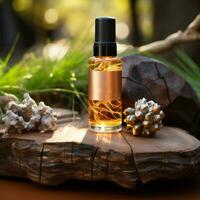 AI generated Essential oil and in glass bottle. photo