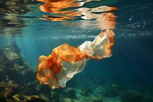 AI generated a plastic bag floating underwater. photo