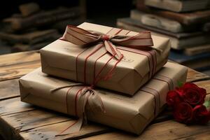 AI generated a brown gift wrapped with ribbon photo