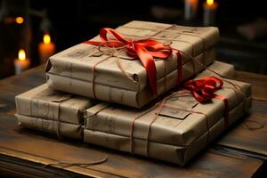 AI generated a brown gift wrapped with a red ribbon photo