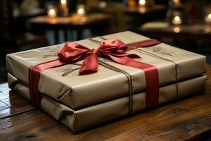 AI generated Gift box on a wooden background photo