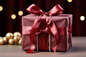 AI generated Gift box with red ribbon photo
