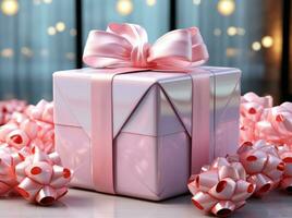 AI generated A 3d rendered box of gift wrapped in pink ribbon photo