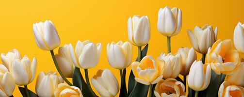 AI generated yellow and white tulips on a bright yellow background photo