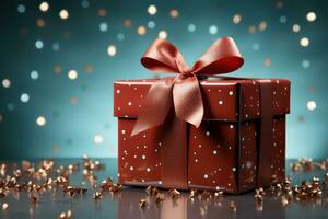 AI generated Christmas red gift box with ribbon photo