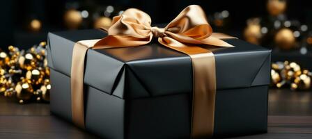 AI generated Black gift box with golden ribbon photo