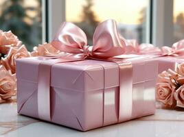 AI generated Gift box wrapped in pink ribbon. photo