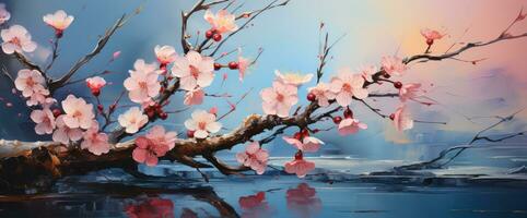 AI generated Painting of blossom reflected in the water photo