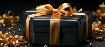 AI generated a gift box on a black background with gold ribbon photo