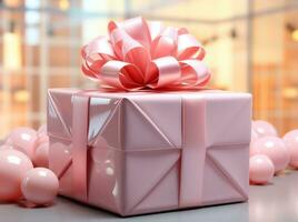 AI generated Pink gift box with ribbon photo
