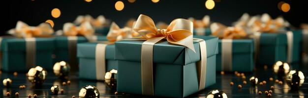 AI generated Gift box on a green background. photo