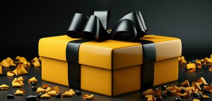 AI generated a big yellow gift box with black bow photo