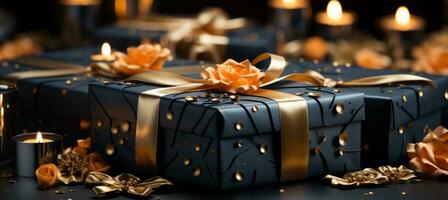 AI generated a black gift box surrounded by gold ribbons photo