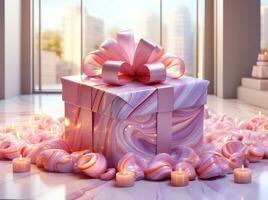 AI generated Gift box wrapped in pink ribbon. photo