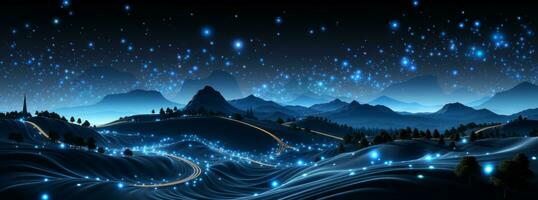 AI generated landscape of glowing blue mountain photo