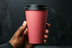 AI generated Pink paper cup mockup with black lid photo