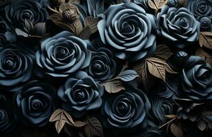 AI generated a black rose with golden color leaves photo