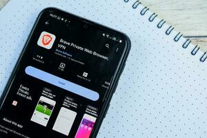 Brave Private Web Browser application on Smartphone screen. Brave is a freeware web browser developed by Brave Software. Bekasi, Indonesia, December 18, 2023 photo