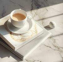 AI generated a cup of coffee sits next to a book full of pages photo