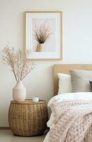 AI generated a wicker basket in a picture frame sitting down on bed, minimalist staging photo