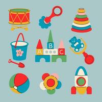 Various isolated toys for kids. Ball, drum,pyramid, rocket, toy blocks, rattles. Childhood, children games, preschool activities concept. Hand drawn vector set.