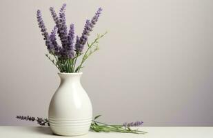 AI generated a white vase with lilas are sitting on top of a dresser table photo