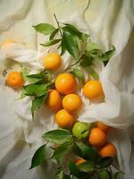 AI generated a white sheet with tangerines on it photo