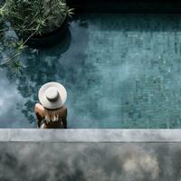 ai generado un mujer mentiras abajo en el borde de un nadando piscina foto