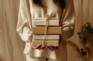 AI generated a woman carries three stacks of gifts photo