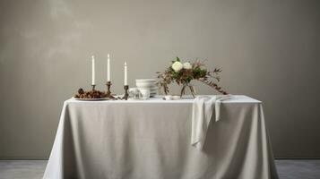 AI generated a white table setup in a dining room has a tablecloth photo