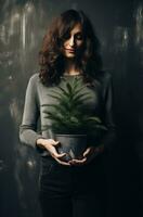 AI generated a woman is holding a pot with a christmas tree photo