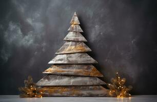 AI generated a wooden christmas tree in front of a cement backdrop photo