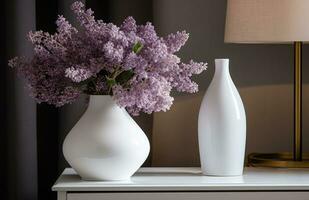 AI generated a white vase with lilas are sitting on top of a dresser table photo