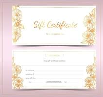 vale, regalo certificado, cupón modelo con dorado floral frontera marco. elegante hembra antecedentes para invitación, boleto, premio. dibujado a mano vector flores