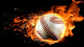 ai generado un llamativo imagen de un béisbol pelota en fuego foto