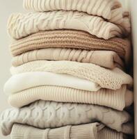 AI generated a stack of knit sweaters on an image background photo